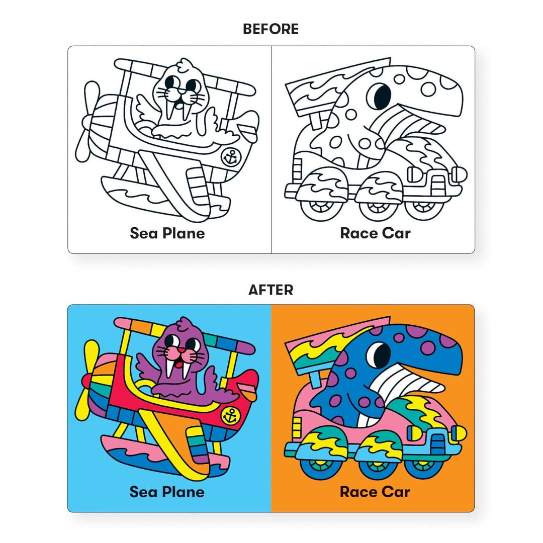 Before and after comparison of coloring pages for a sea plane and race car.