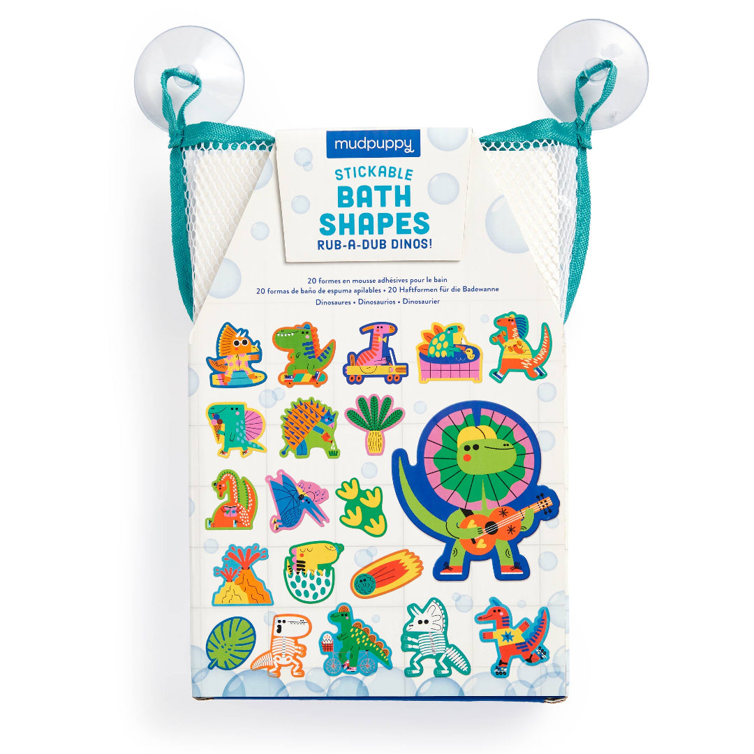 Mudpuppy Stickable Bath Shapes Rub-A-Dub Dinos with colorful dinosaur illustrations on a white background.