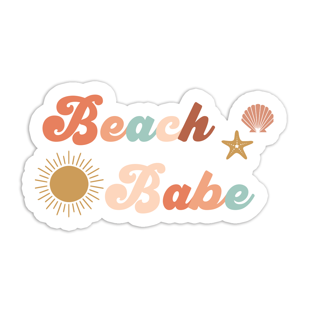 the beach babe sticker says the words "beach babe" in colorful letters (pink, peach, teal) the words are surrounded by a sun, starfish, and seashell.