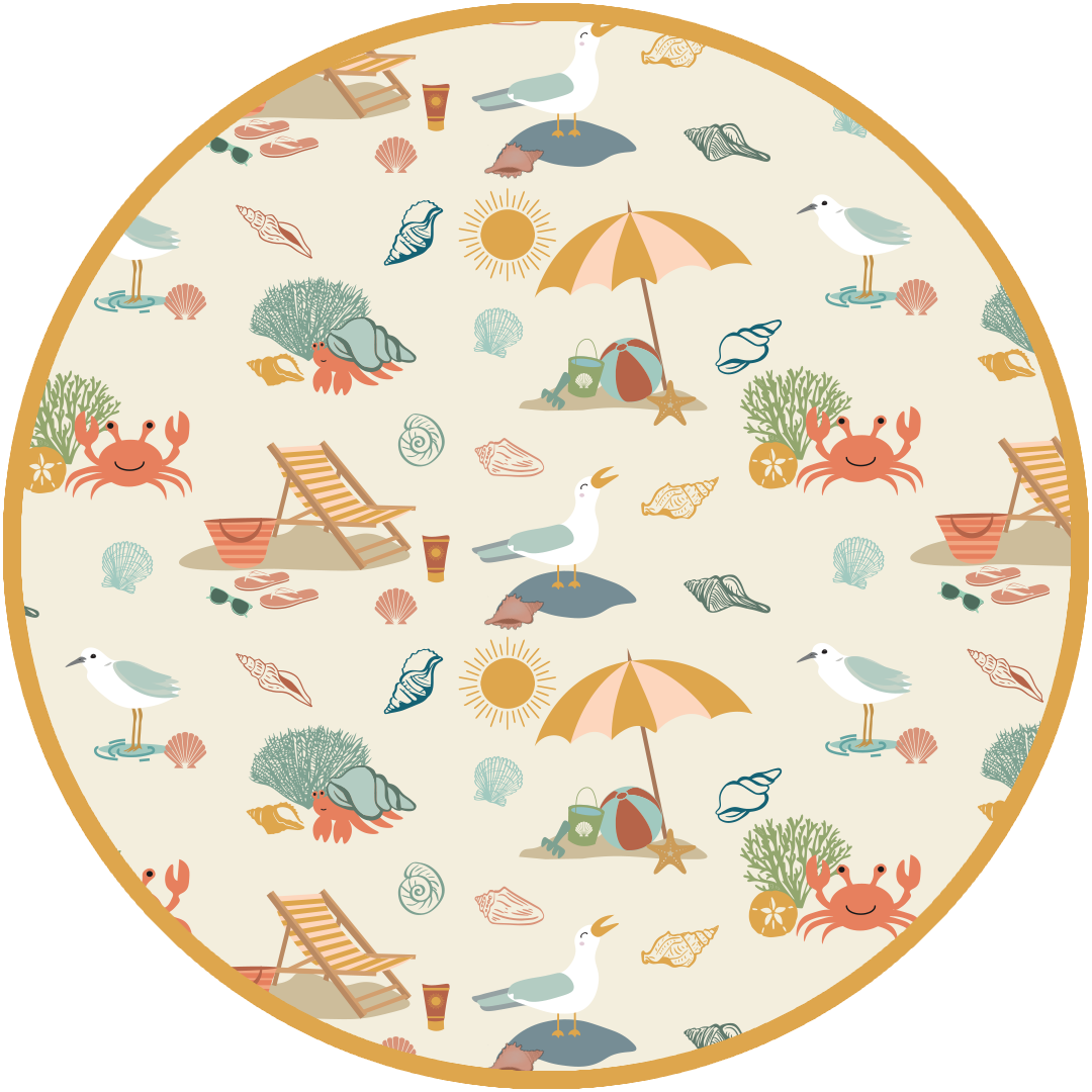 the "beach days" print is a scattered print of beach umbrellas, beach balls, sand buckets and shovels, coral, shells, beach chairs, seagulls, flipflops, and sunglass mixed in a orderly and creative way.