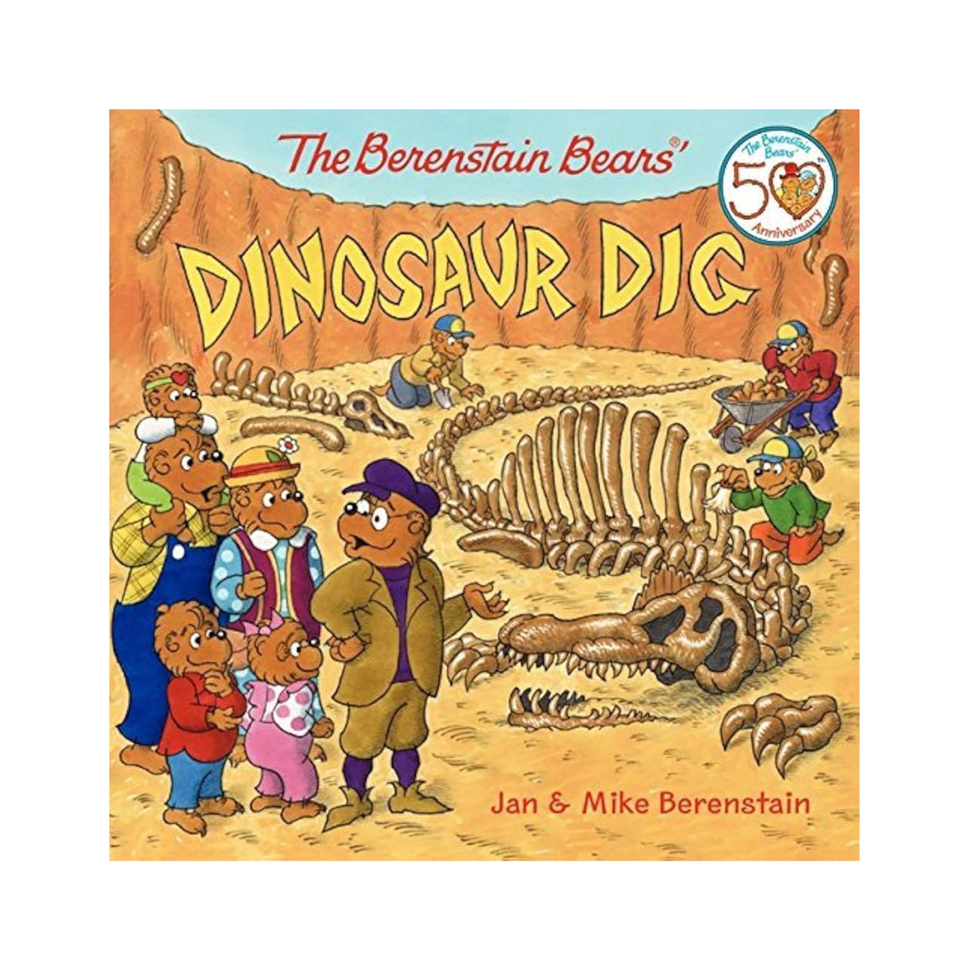 Book cover of 'Dinosaur Dig' from 'The Berenstain Bears' series with cartoon bears around a dinosaur skeleton.