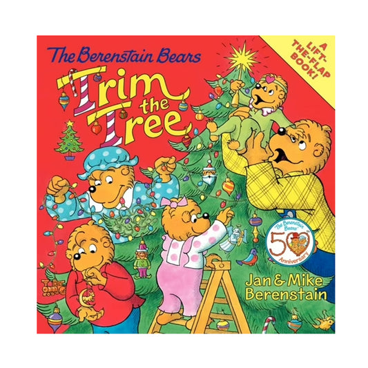 Book cover of 'The Berenstain Bears Trim the Tree' with colorful illustration of bears decorating a Christmas tree.