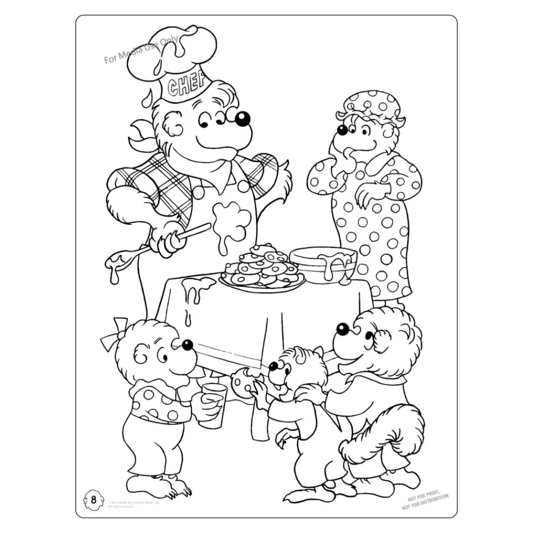 a coloring page of the Berenstain Bears baking cookies
