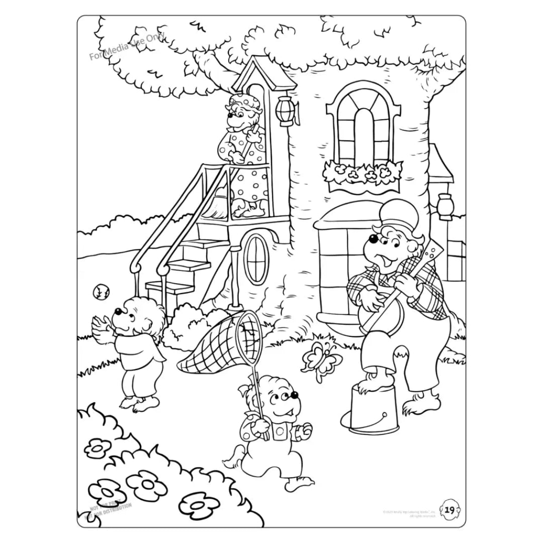 The Berenstain Bears family playing outside their treehouse home. Papa bear is playing a banjo, the girl bear is chasing a butterfly, the boy is playing baseball and mama bear is sweeping the front porch
