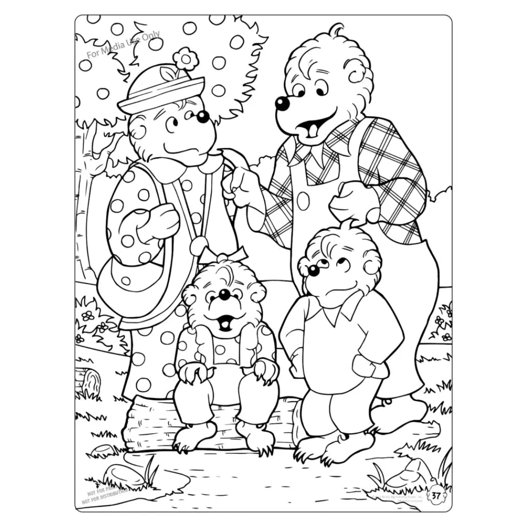 The Berenstain Bears outside with the kids sitting on a log, mama and papa bear are standing behind them looking like they are posing for a photo