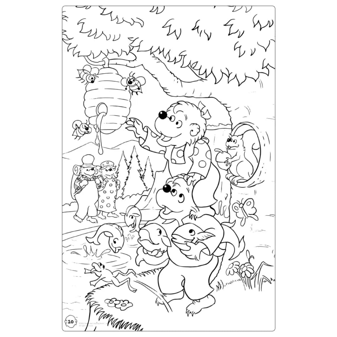 a coloring page showing brother and sister Berenstain Bear trying to get honey out of a bees nest high up in a tree