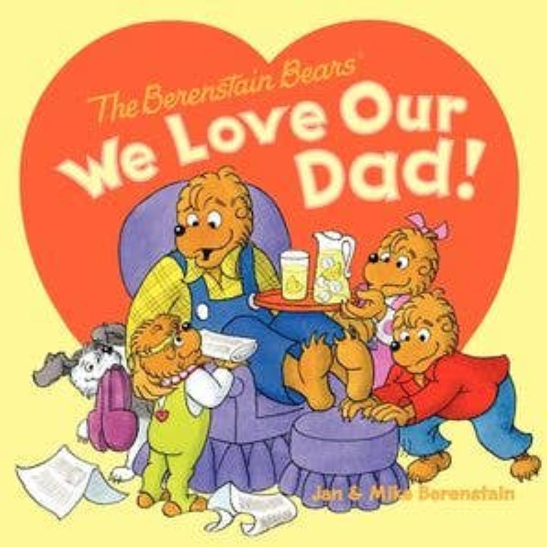 The Berenstain Bears gathered around father bear while he relaxes on a chair drinking lemonade