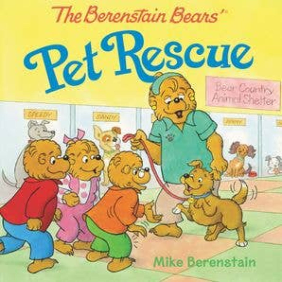The Berenstain Bears inside a pet shelter rescuing a dog