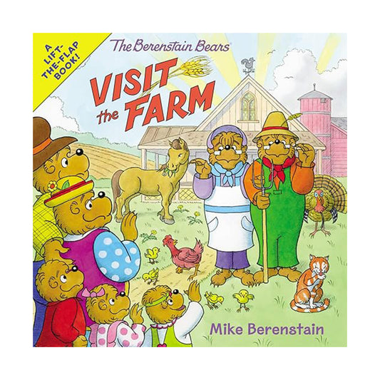 Book cover of 'The Berenstain Bears Visit the Farm' with cartoon bears on a farm.
