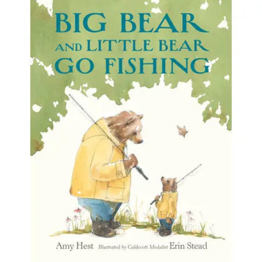 a big bear and a little bear holding fishing holes and dressed in yellow jackets and rainboots