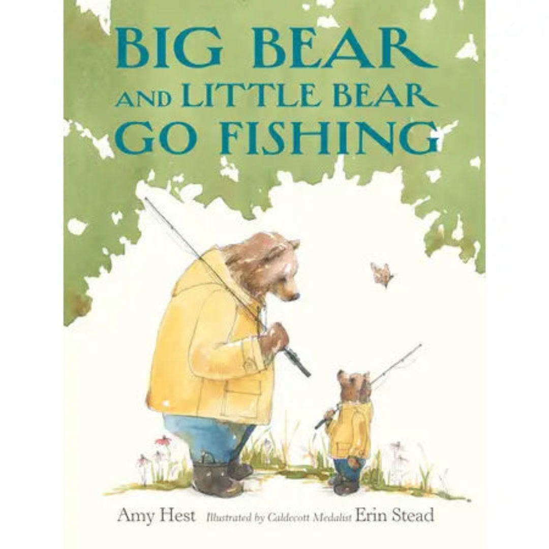 a big bear and a little bear holding fishing holes and dressed in yellow jackets and rainboots
