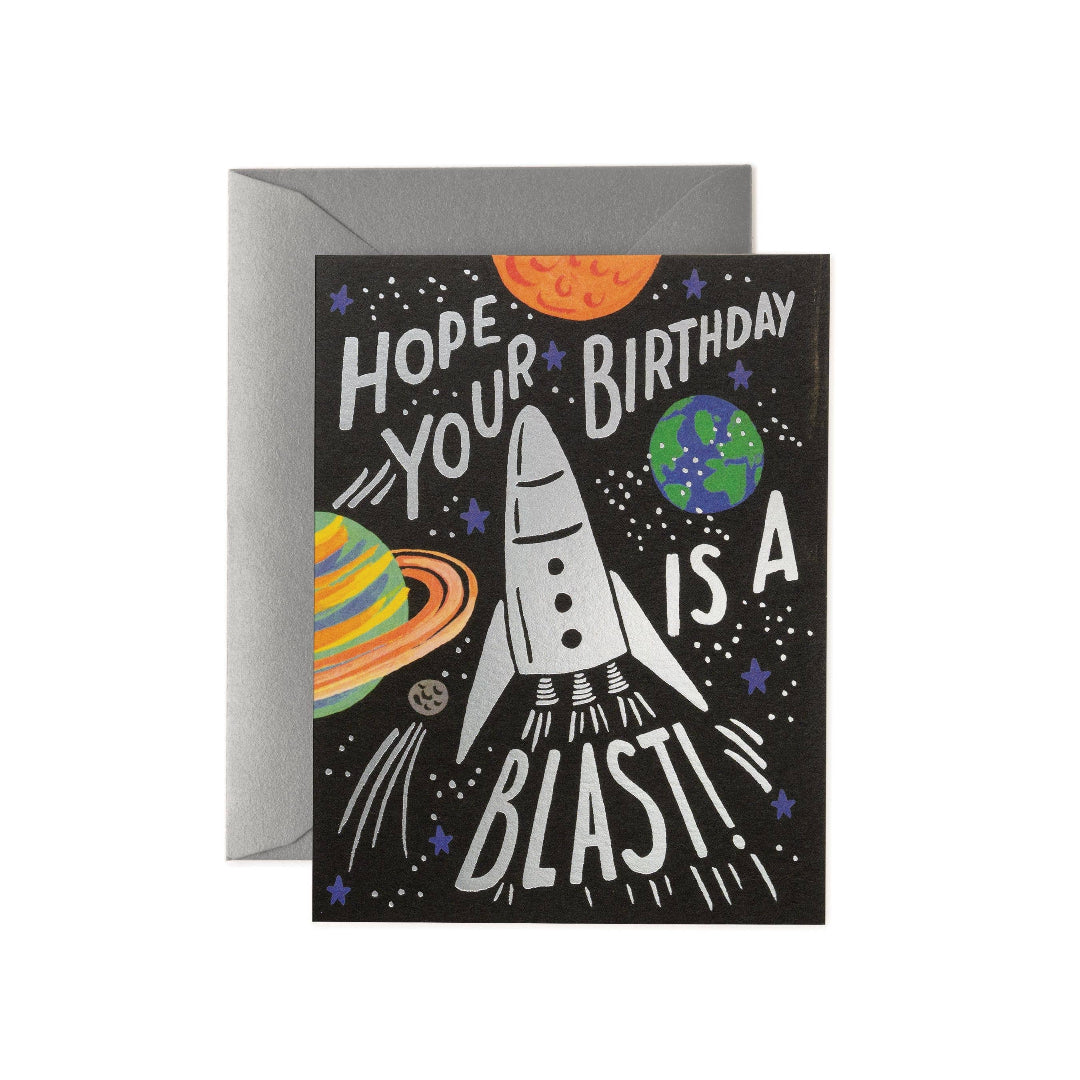 birthday card with a spaceship on the front that says hope your birthday is a blast