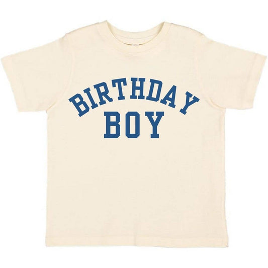off white colored shirt that says birthday boy in blue letters
