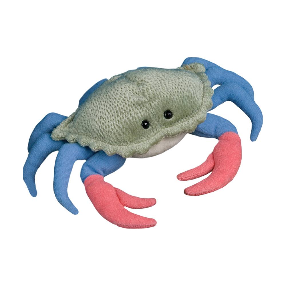 Plush crab toy with blue and pink legs on a white background