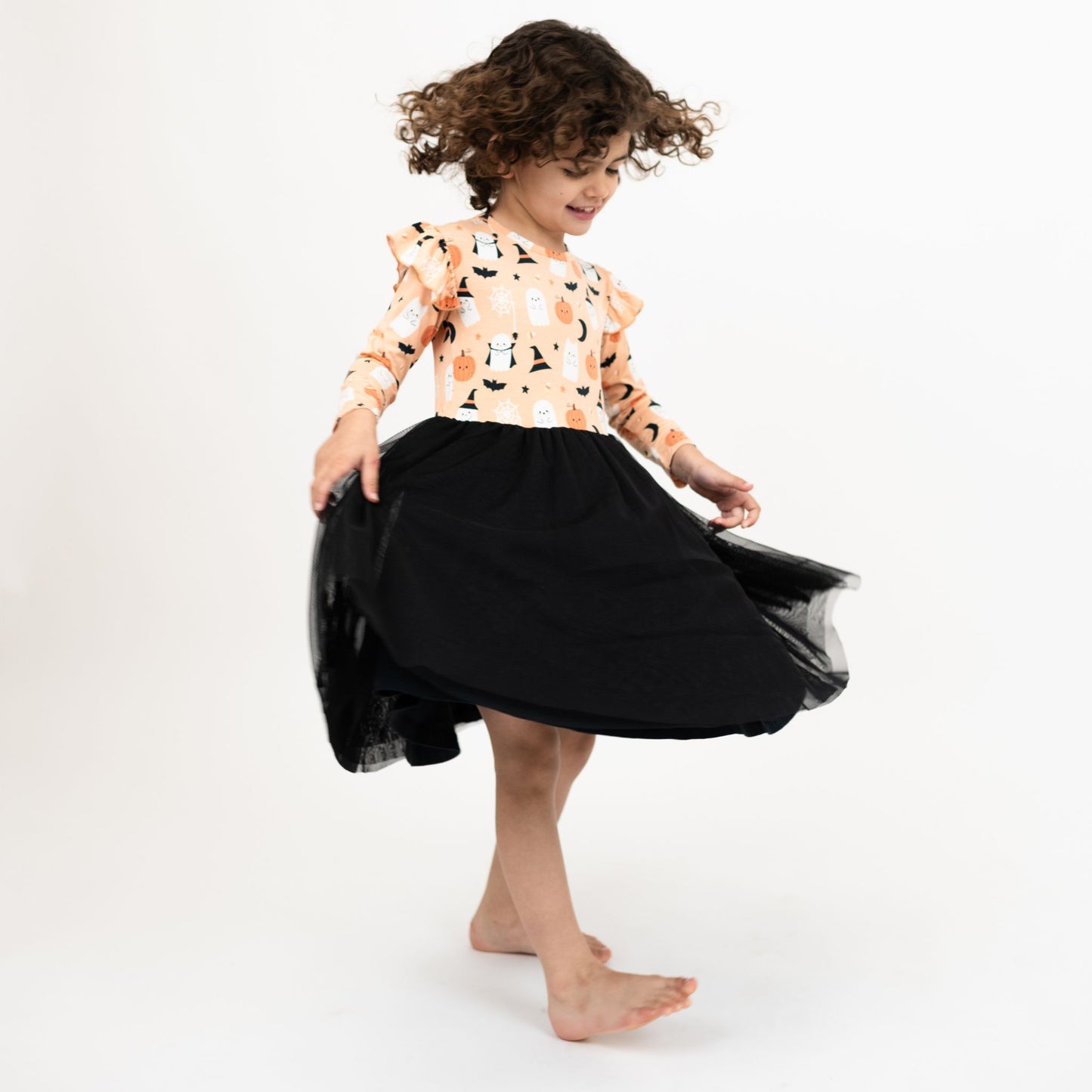 Boo-Tastic Halloween bamboo twirl dress with black tulle skirt, featuring playful ghost, bat, and pumpkin print.