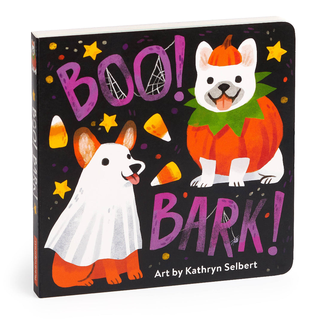 halloween book called boo bark that has 2 dogs dressed up as a ghost and a pumpkin on the cover