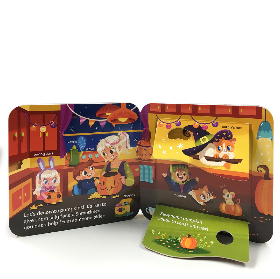halloween book opened to a middle page with pull down interactive flaps