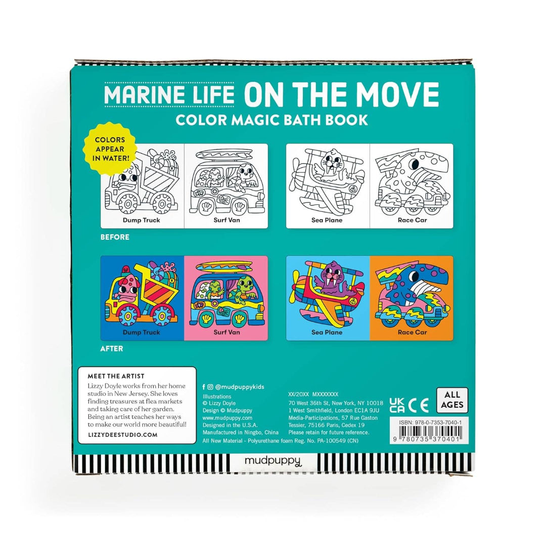 Back cover of a 'Marine Life on the Move' color magic bath book by Mudpuppy with illustrations and text.
