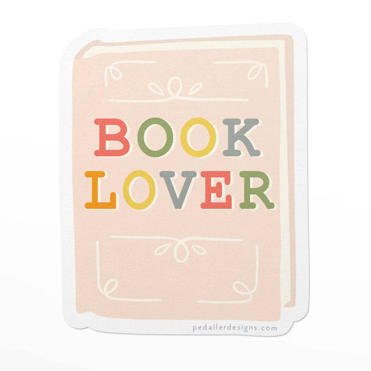 vinyl sticker shaped like a book that says book lover