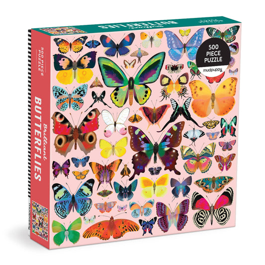 500 piece puzzle with dozens of different butterflies on it in all different colors