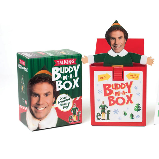 mini buddy the elf in a box that says "does someone need a hug"