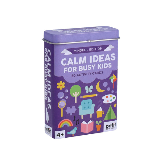 Purple box of 'Calm Ideas for Busy Kids' activity cards with colorful illustrations on a white background.