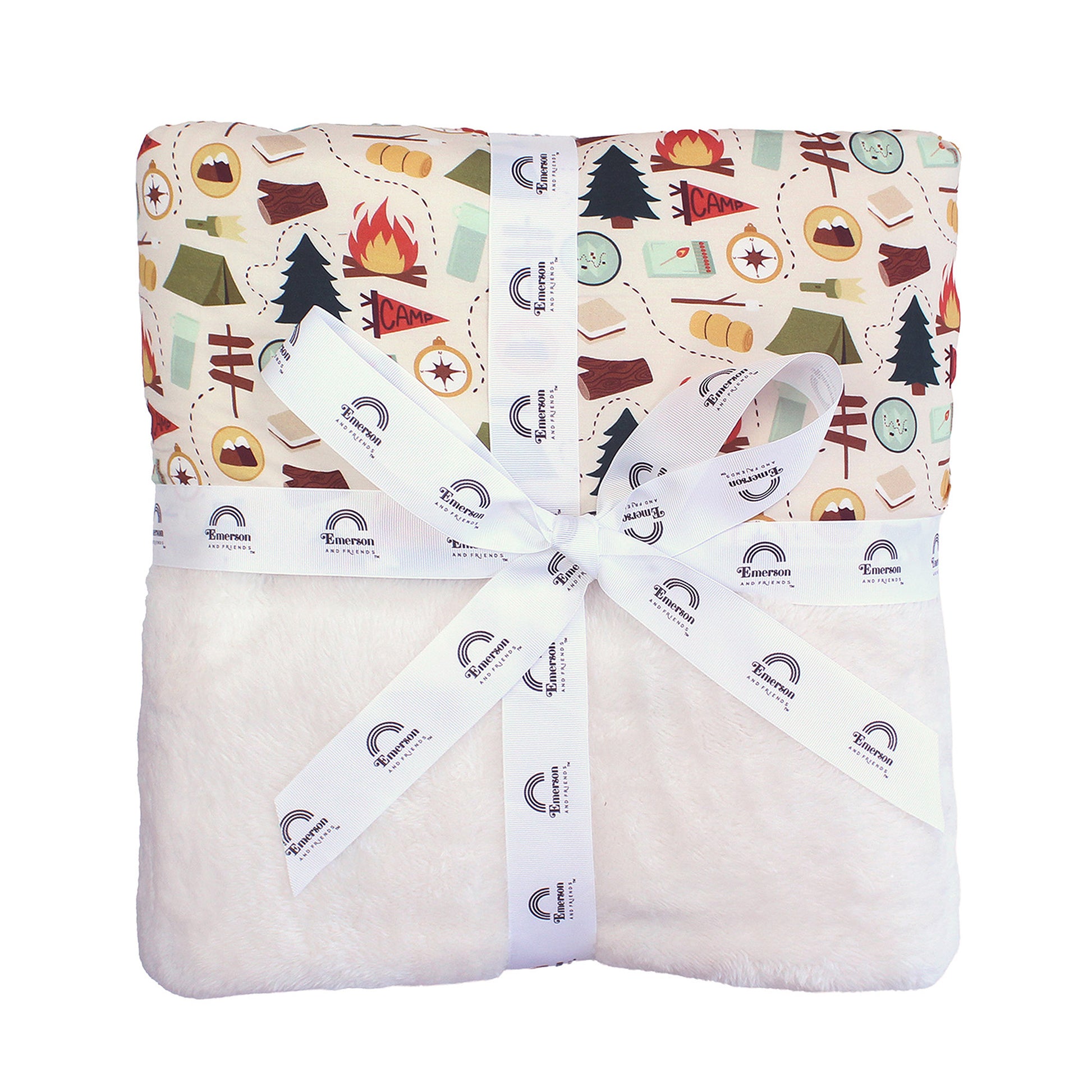 Emerson and Friends Camp Emerson Twin Camping Bamboo and Fleece Throw Blanket, featuring a cozy camping-themed print with tents, campfires, trees, and s’mores on a soft bamboo top with plush white fleece backing for extra warmth.