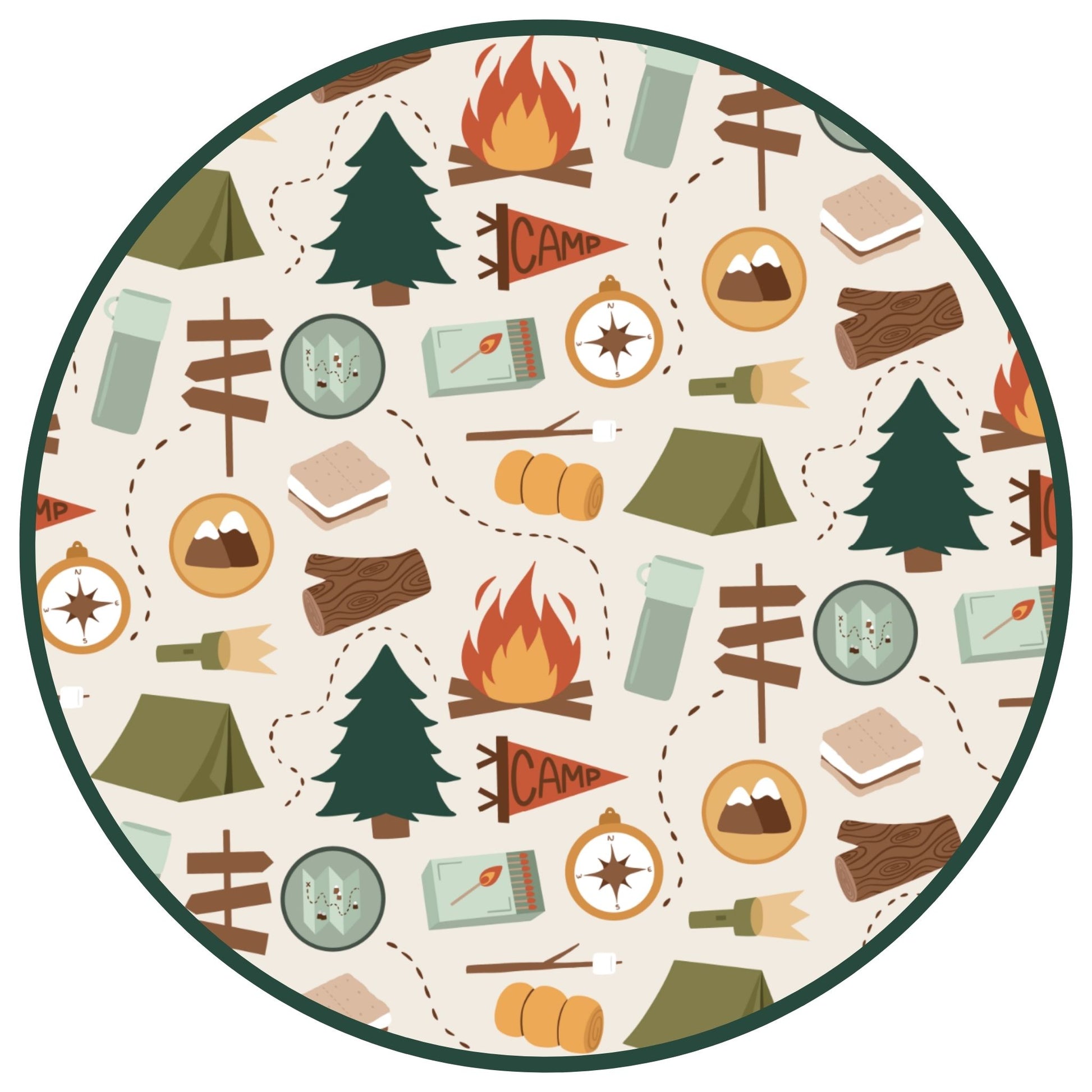 Close-up of camping print fabric with campfires, trees, tents, logs, and lanterns on bamboo material.