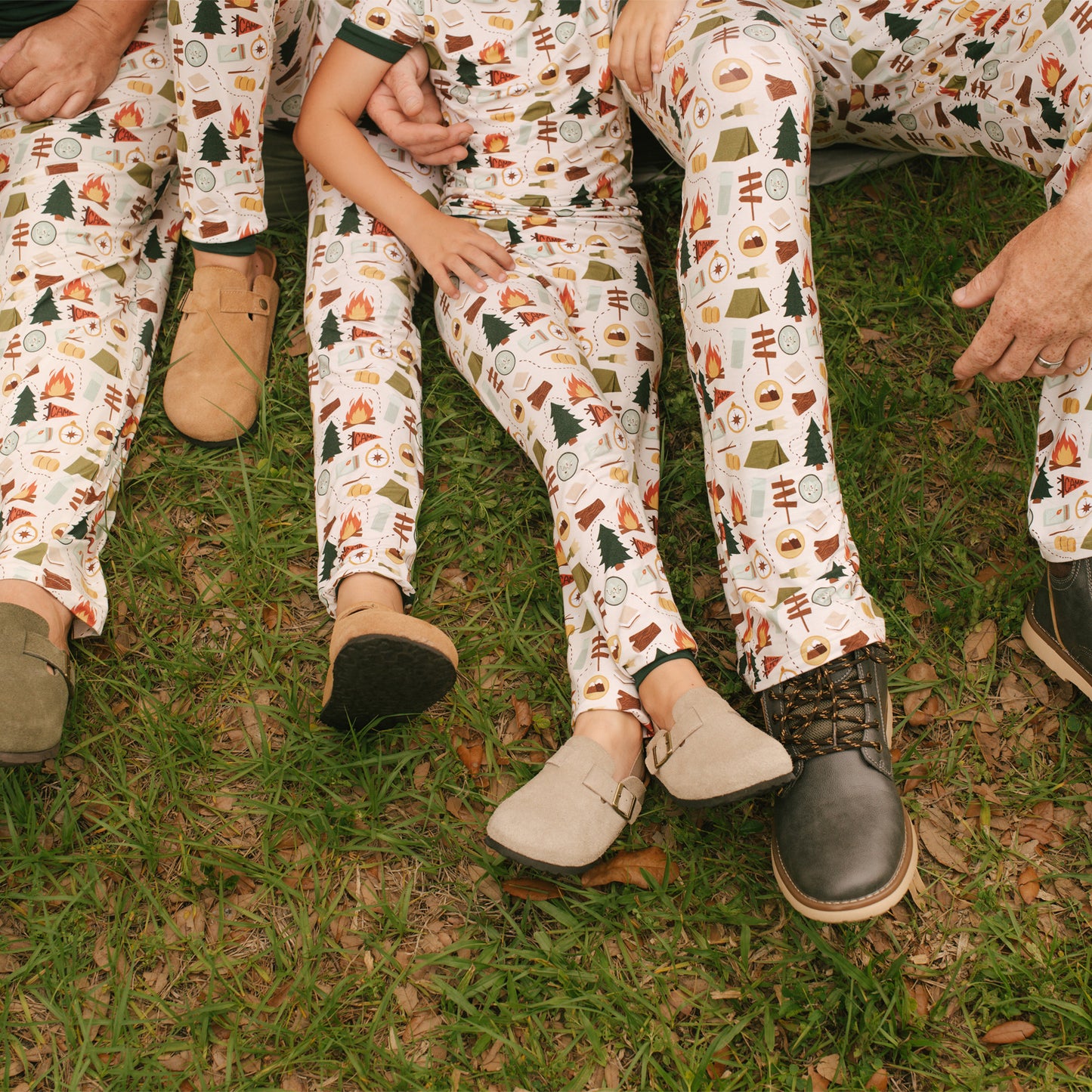 Close-up of legs wearing Camp Emerson bamboo relaxed lounge pajama pants.