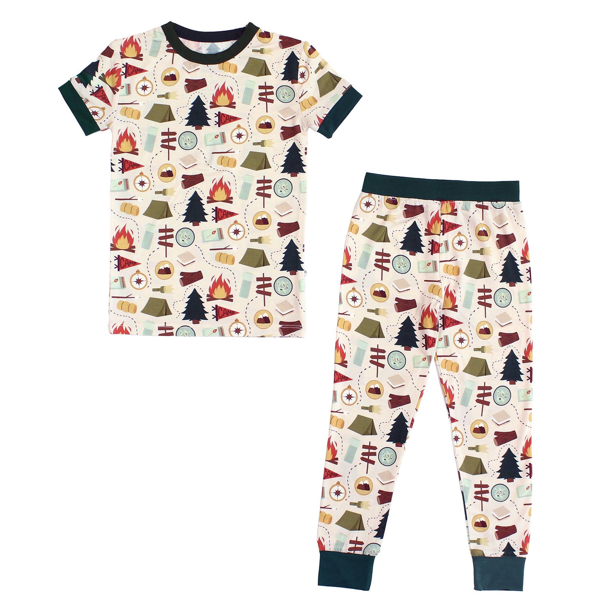 Flat lay of Camp Emerson themed bamboo kids pajama set with short sleeve top and pants featuring campfires, tents, trees, and lanterns.