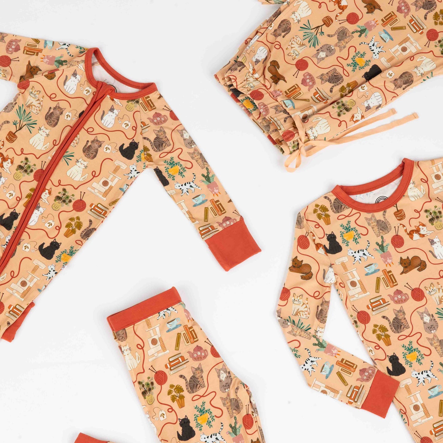 Cat print collection layed on ground in stylish way featuring cats, books, plants, and toys.