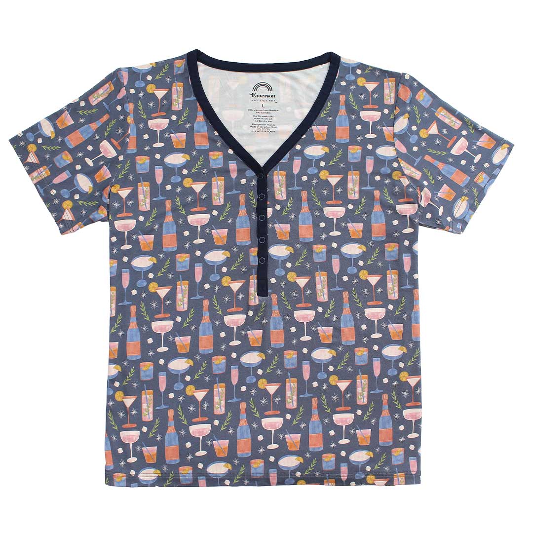 A navy-colored women's top with a cheerful 'Cheers' cocktail print, featuring short sleeves and a round neckline.