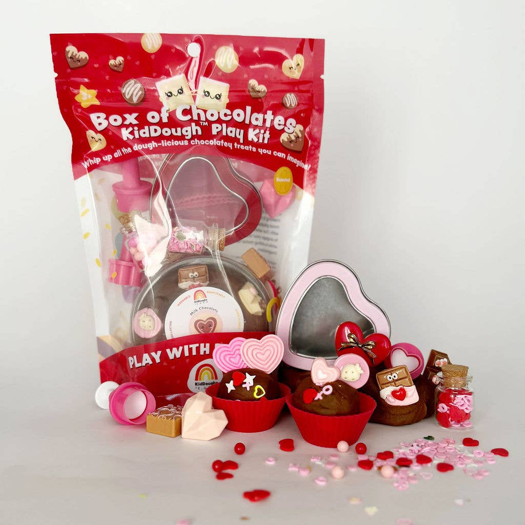 Box of Chocolates Kid dough play kit packaging with play dough items on a white background