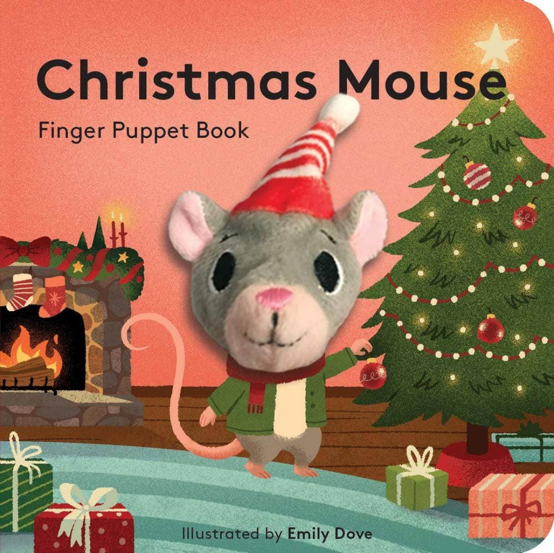 Finger puppet book cover with a Christmas mouse, tree, and fireplace illustration.