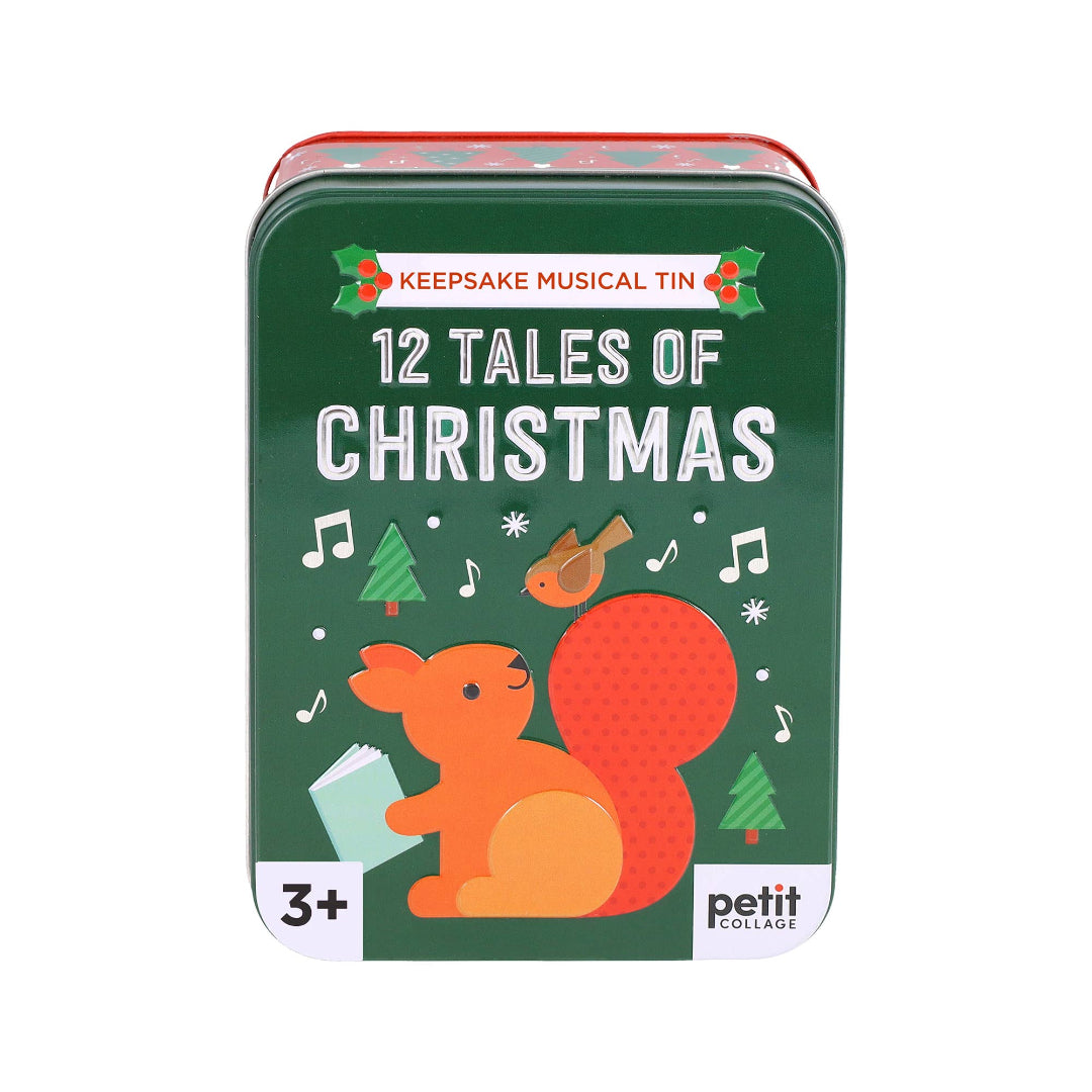 Keepsake musical tin titled '12 Tales of Christmas' with a squirrel illustration on a green background.