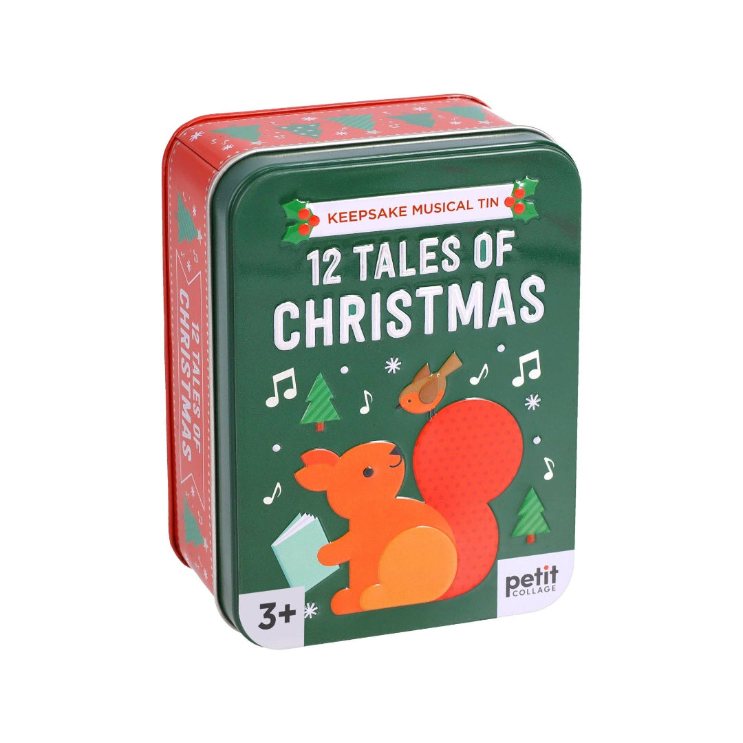 Tin box with '12 Tales of Christmas' and a squirrel illustration on a white background