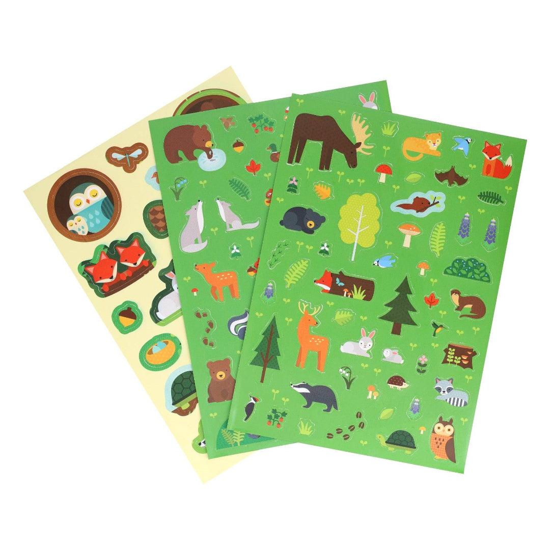 Two sheets of illustrated stickers with animals and nature on a white background