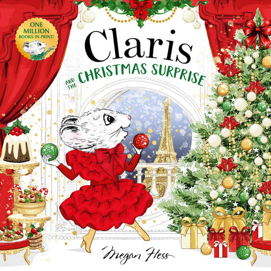 Book cover of 'Claris and the Christmas Surprise' with a festive scene featuring a rabbit in a red dress, Christmas tree, and Eiffel Tower.