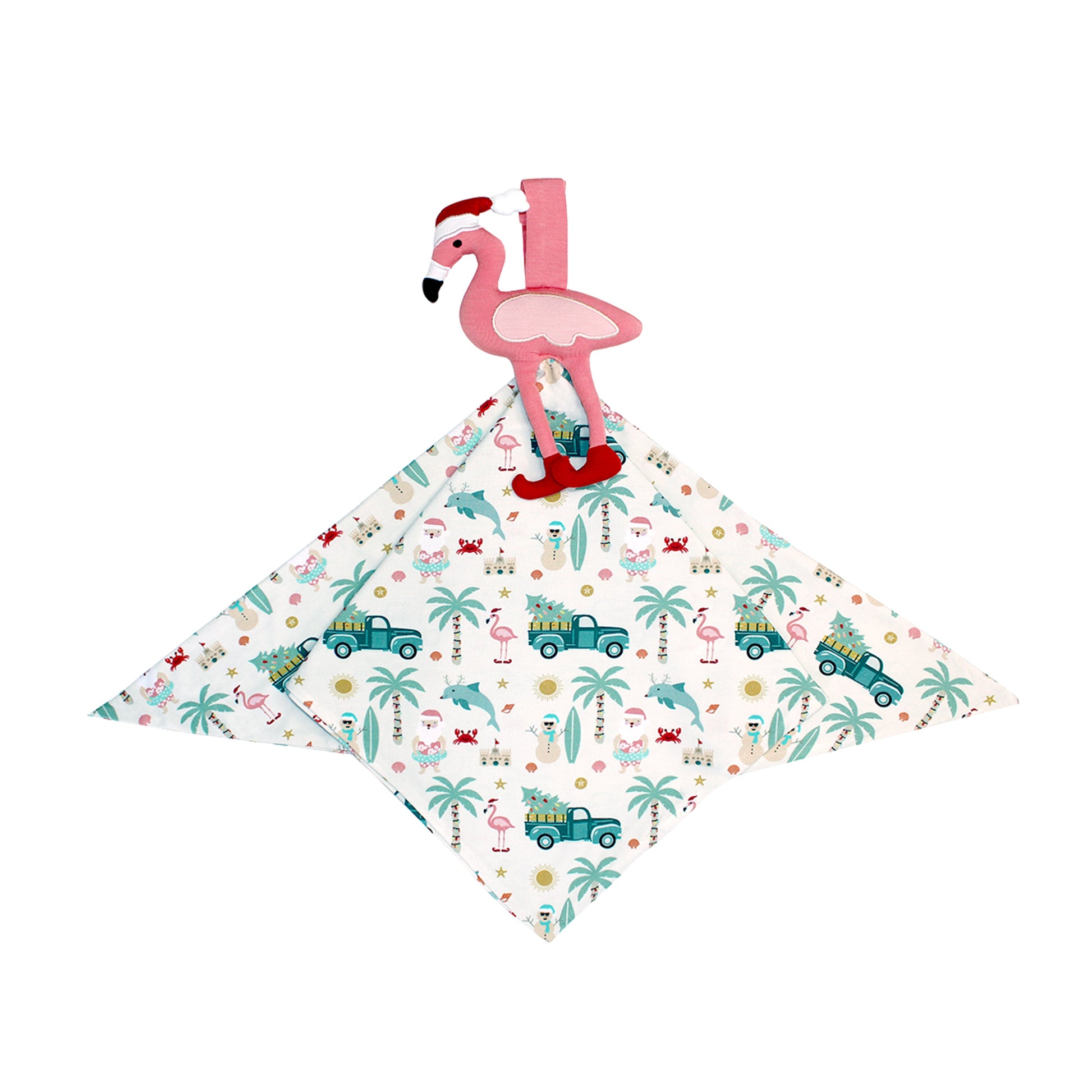 Flamingo with a Santa hat on top of a patterned fabric with cars and palm trees.