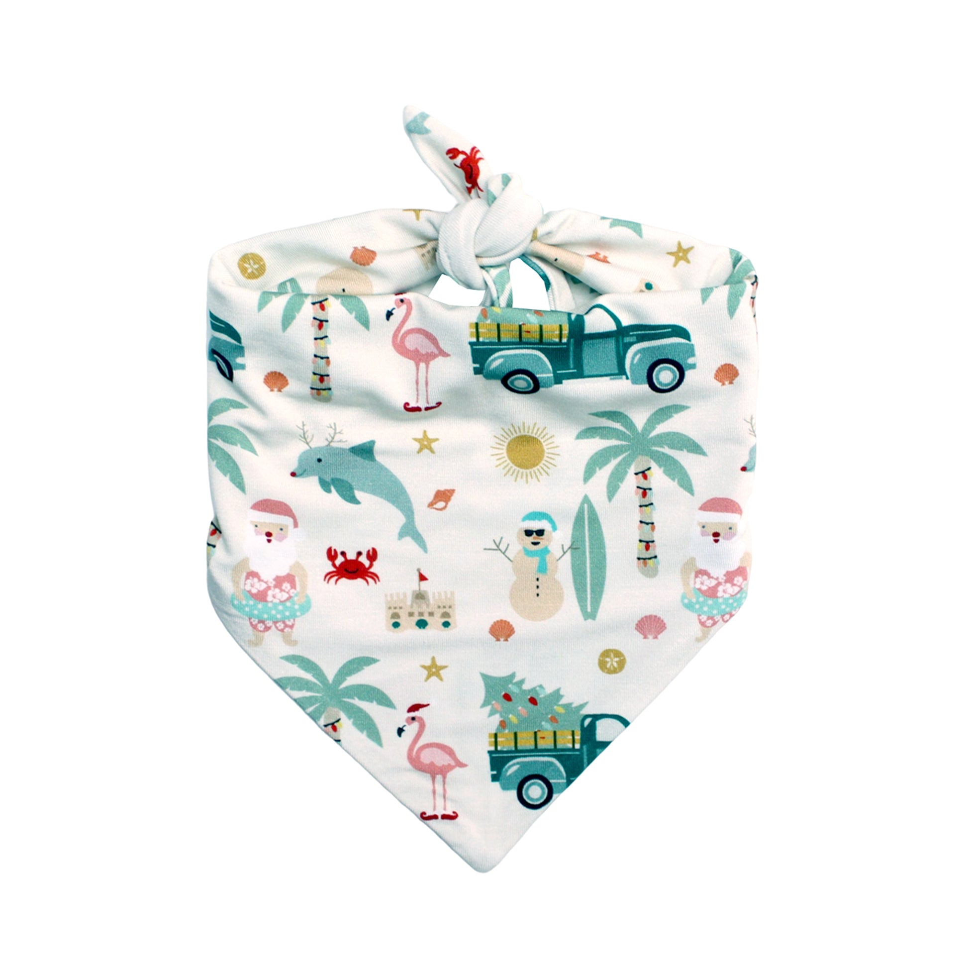 Baby bib with colorful summer-themed design on a white background