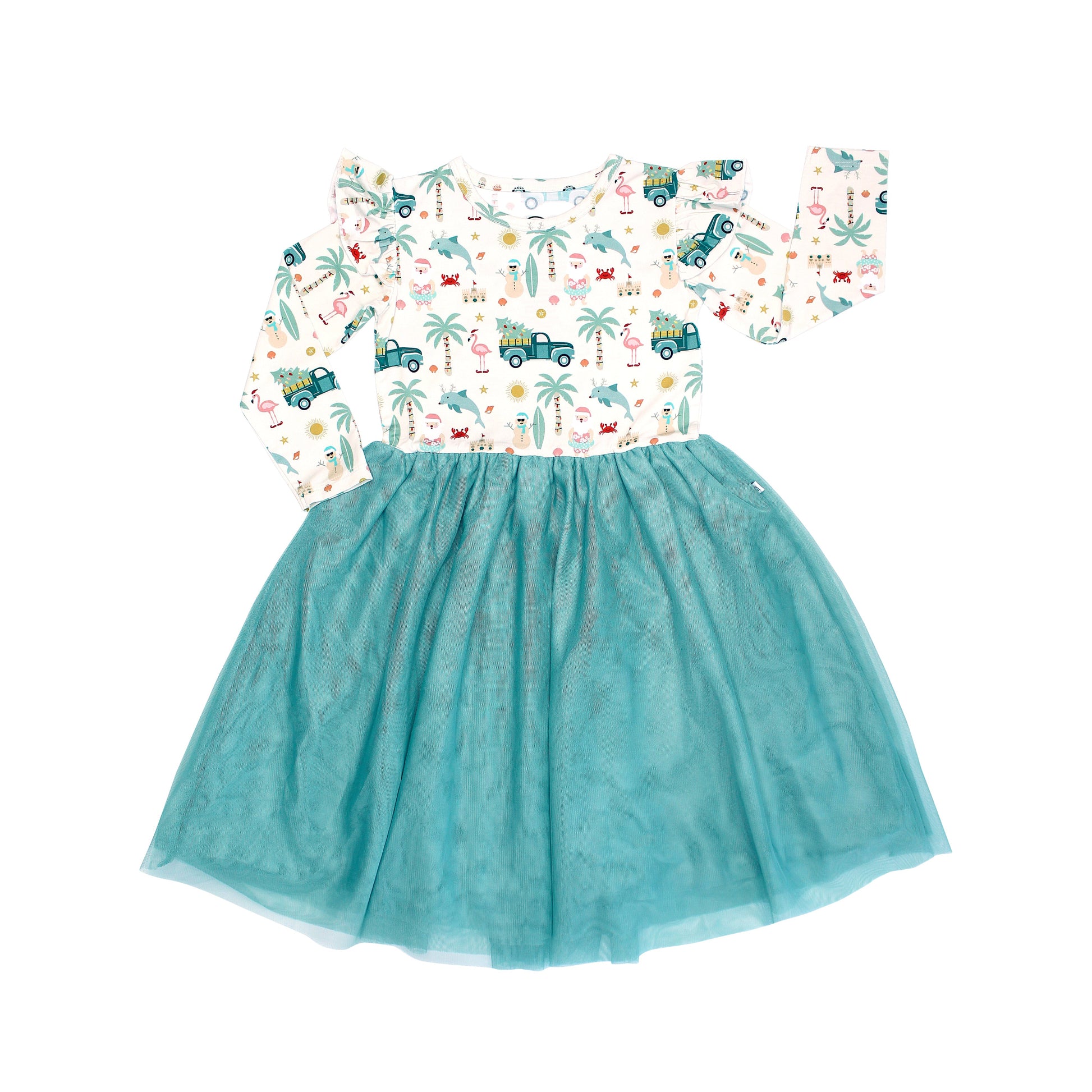 Children's dress with a colorful top and teal skirt on a white background