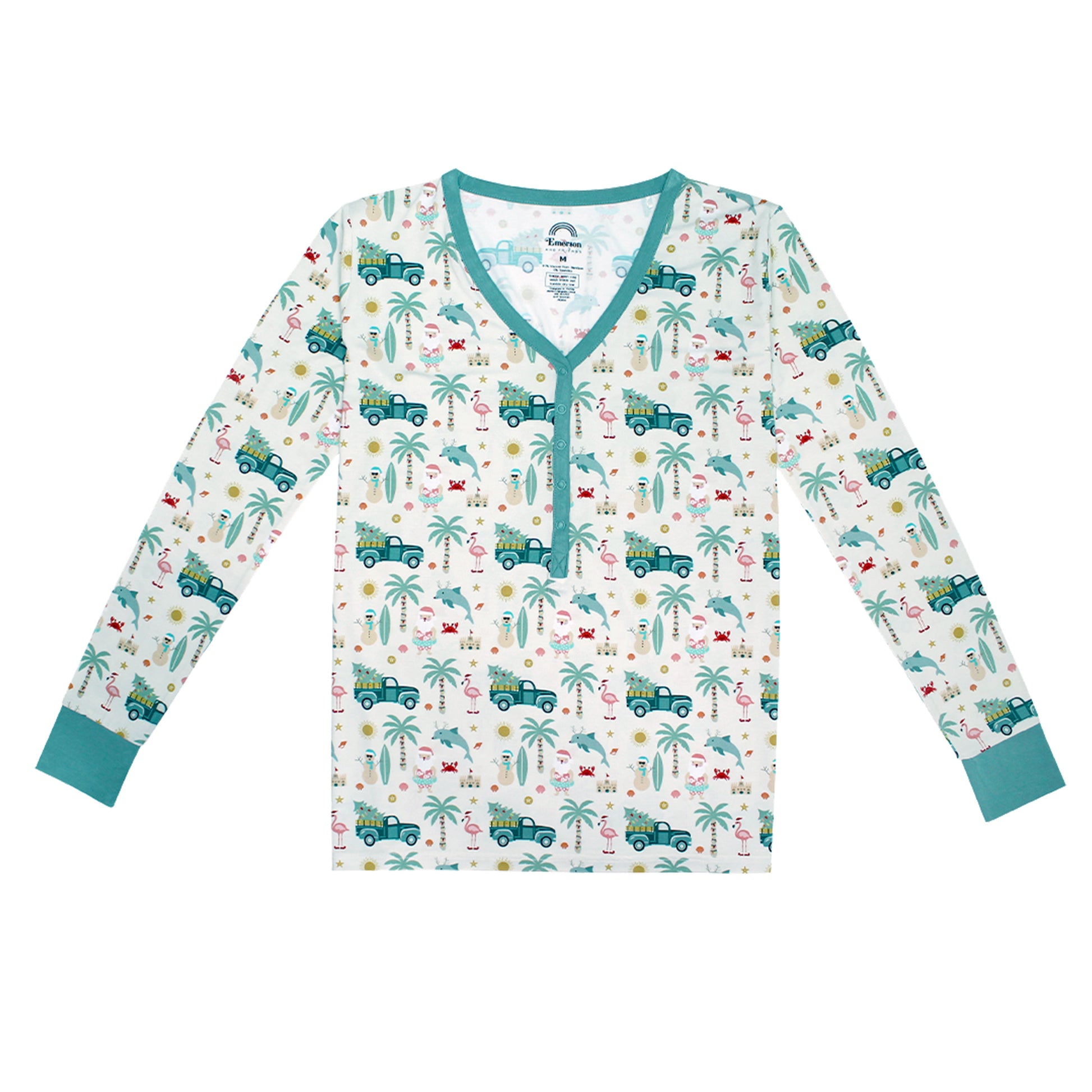 Long-sleeve shirt with tropical pattern on a white background