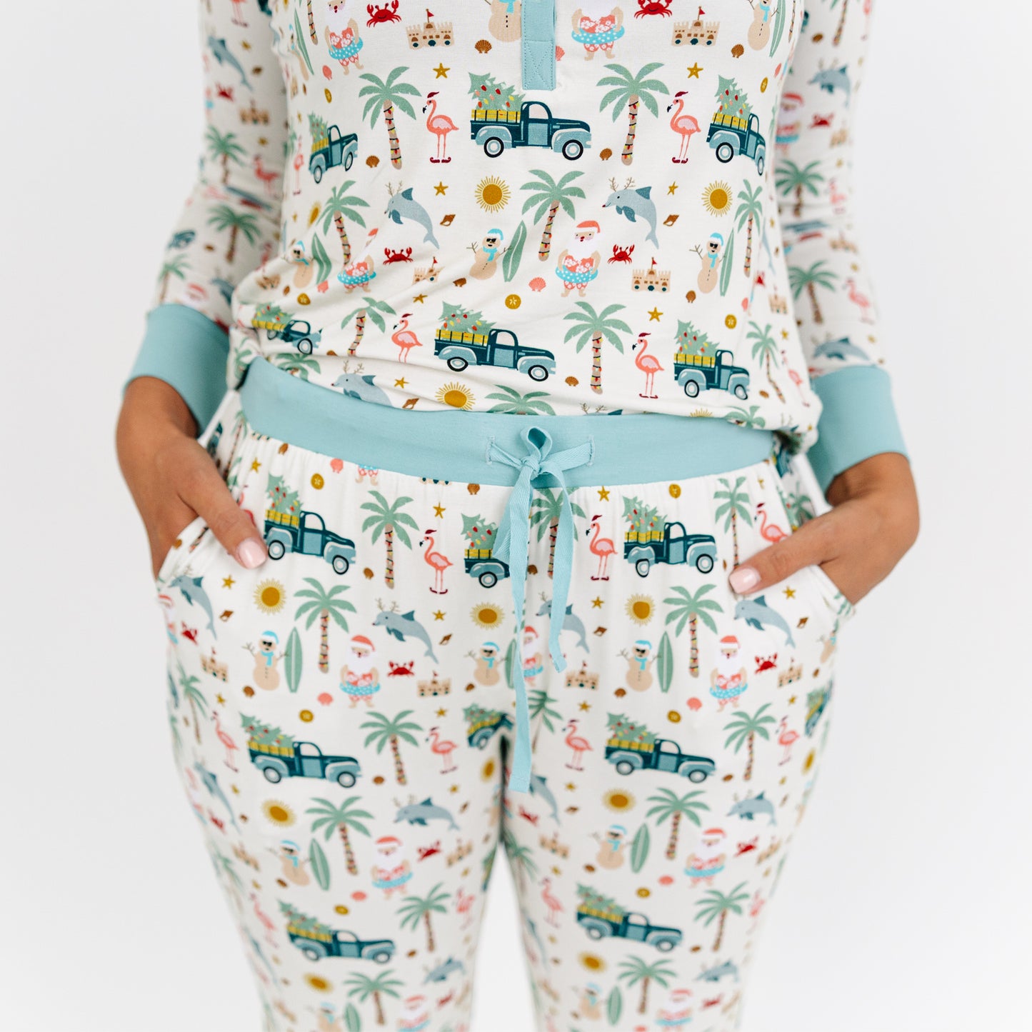 PJ set with tropical pattern on a plain background