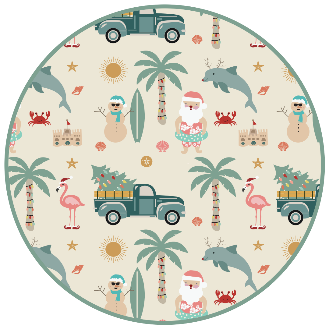 the "coastal Christmas" print is a mix of sandman, beach Santas, decorated palm trees, flamingos with Santa hats, dolphins with reindeer antlers, craps, suns, shells, and starfish scattered around a white background.