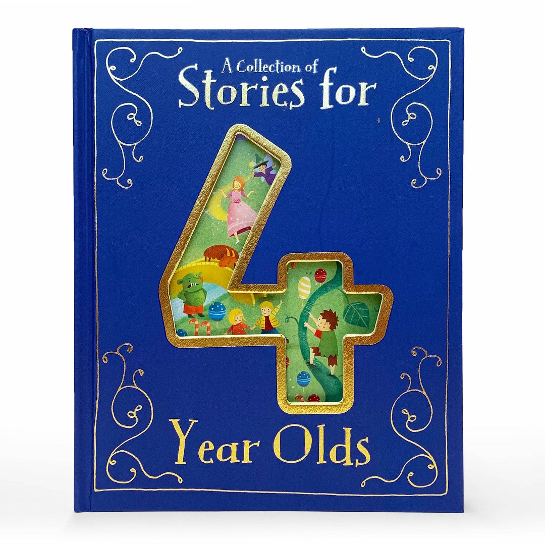 a blue book with the number 4 cut out of the front and the book contains stories for 4 year olds