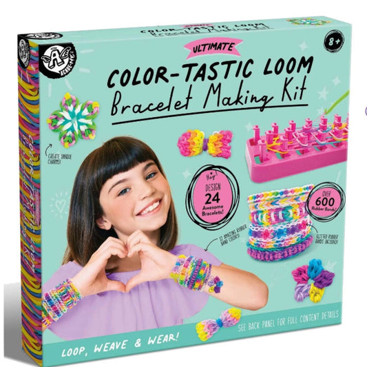 Color-Tastic Loom Bracelet Making Kit box with a smiling girl wearing colorful rubber band bracelets, loom tool, and sample bracelet designs.