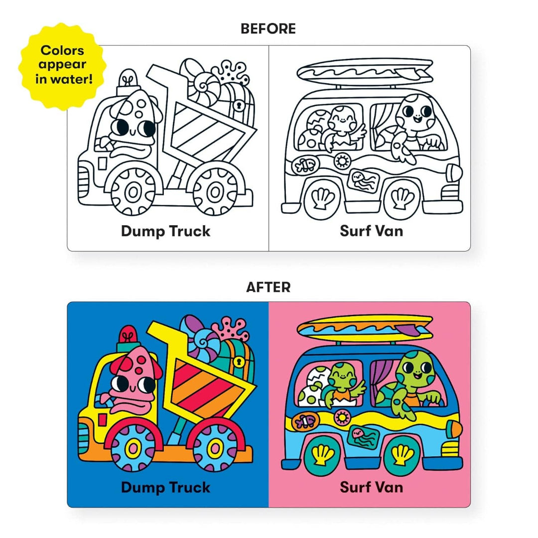 Coloring book pages for a dump truck and surf van with before and after colorful illustrations.
