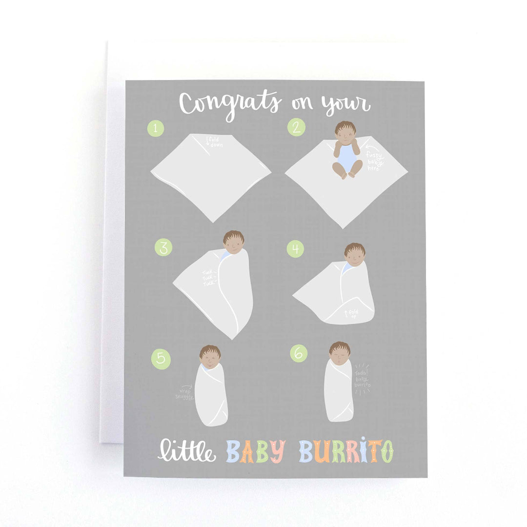 new baby card that says congrats on your little baby burrito and has pictures of a baby being swaddled in a blanket