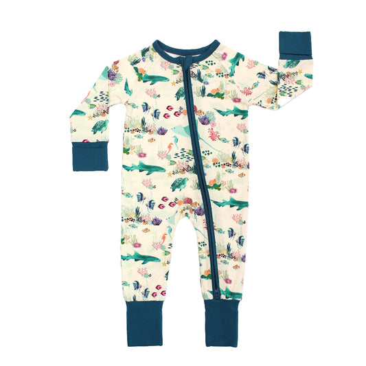 Coral Reef Bamboo Convertible Baby Pajamas by Emerson and Friends, featuring a vibrant ocean-themed print with sharks, sea turtles, and coral reefs. Made from ultra-soft bamboo fabric with fold-over cuffs and a two-way zipper for easy diaper changes.