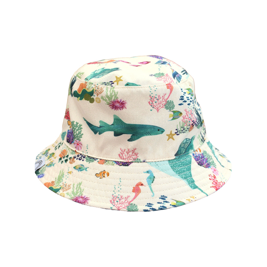 Emerson and Friends Coral Reef Reversible Bucket Hat, featuring a vibrant underwater-inspired design with sharks, sea turtles, and coral, offering sun protection and a stylish, adjustable fit for kids and toddlers.